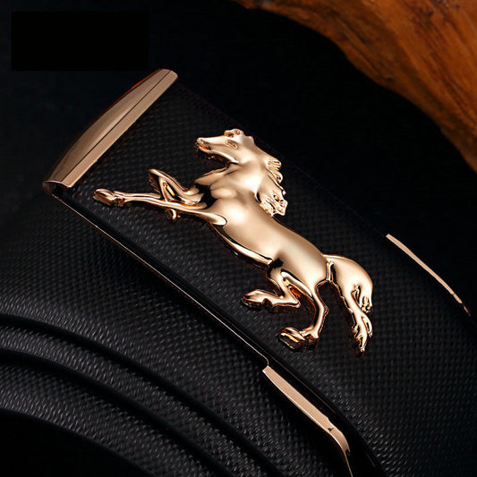 Plate Belt Leather High-End 3D Golden Horse Smooth Inner Buckle for Men