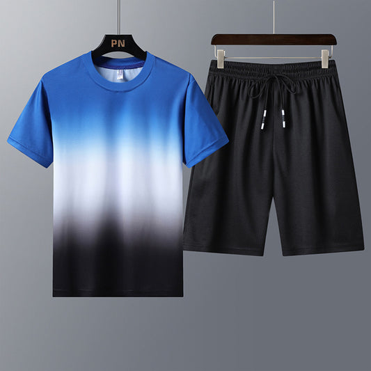 Sports Suit Round Neck Gradient Short-Sleeved Shorts Quick-Drying Running Casual Two-Piece Suit for Men