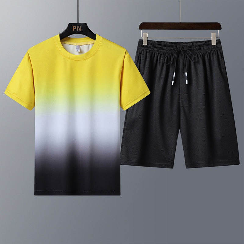 Sports Suit Round Neck Gradient Short-Sleeved Shorts Quick-Drying Running Casual Two-Piece Suit for Men