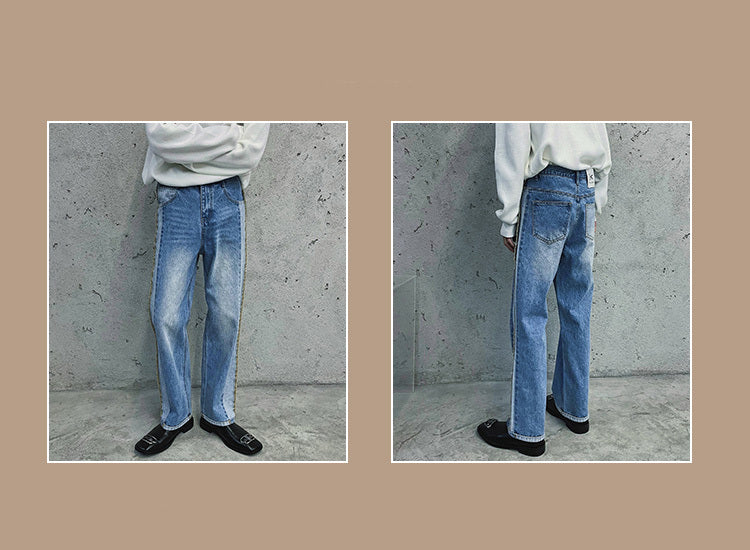 Design Stitching Jeans Loose Straight High-end Wide-leg Trousers Trendy and Handsome for Men