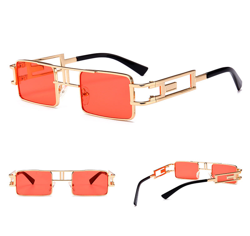 Rectangular Sunglasses Steampunk for Men and Women: Red Black Gold Metal Frame