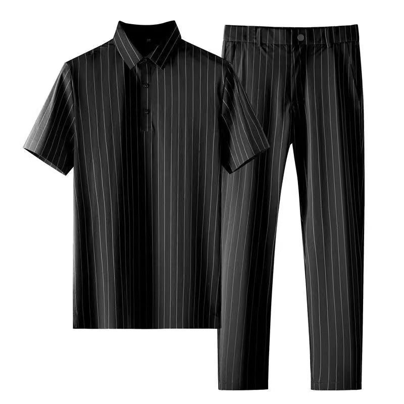 Ice Silk Stripes Casual Short Sleeve Trousers Suit for Men
