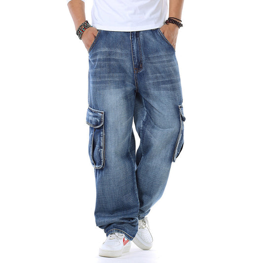 Large Fashion Multi-Pocket Wide Jeans