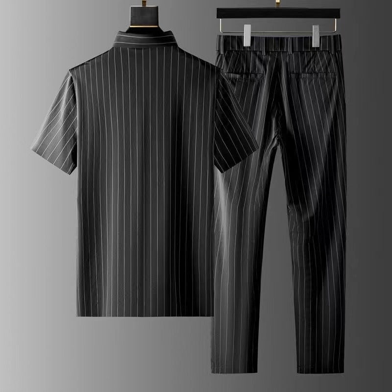 Ice Silk Stripes Casual Short Sleeve Trousers Suit for Men
