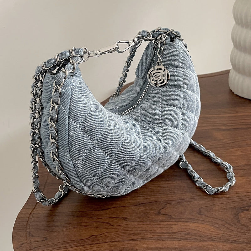Denim Bag Female Diamond Embroidery Thread Chain Messenger Bag