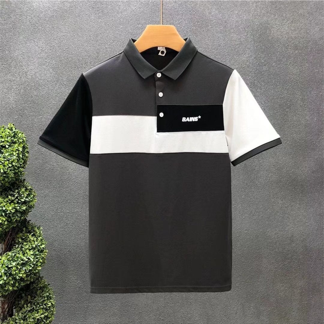 Trend Stitching Contrast Color Polo Shirt: Short Sleeves for Men