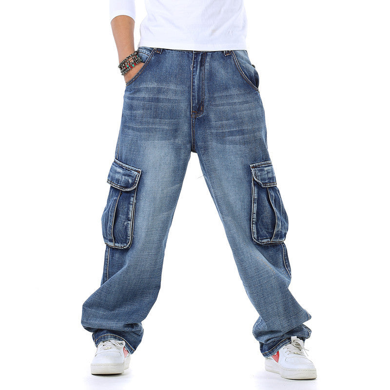 Large Fashion Multi-Pocket Wide Jeans