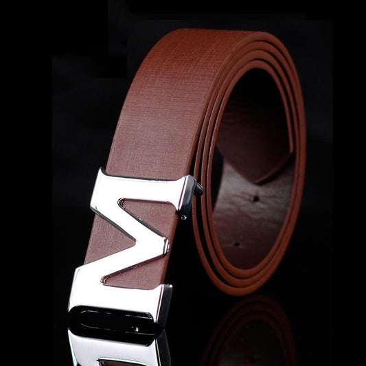 M Letter Smooth Buckle Casual Pants Youth Belt Pure White for Men