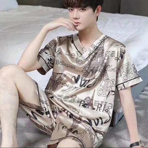 Pajamas Plus Sized Summer V-Neck Ice Silk Thin Fat Brother Loose Home Wear for Men