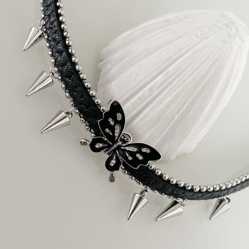 Black Butterfly Stitching Rivet Necklace