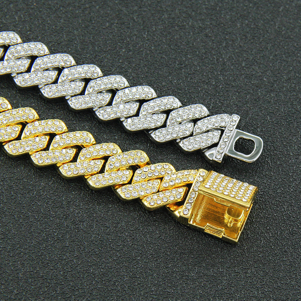 Hip Hop Full Diamond Encryption Diamond Cuban Link Chain Bracelet & Necklace for Men