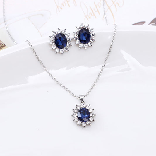 Sapphire Suit Fashion Necklace & Sunflower Zircon Stud Earrings