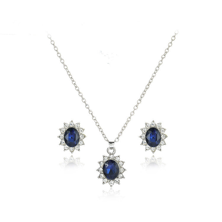 Sapphire Suit Fashion Necklace & Sunflower Zircon Stud Earrings