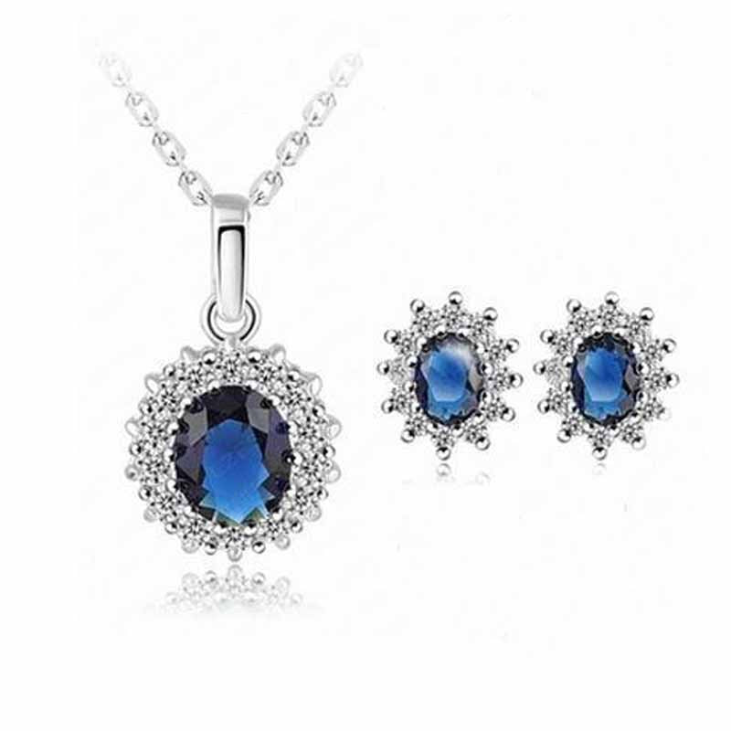 Sapphire Suit Fashion Necklace & Sunflower Zircon Stud Earrings