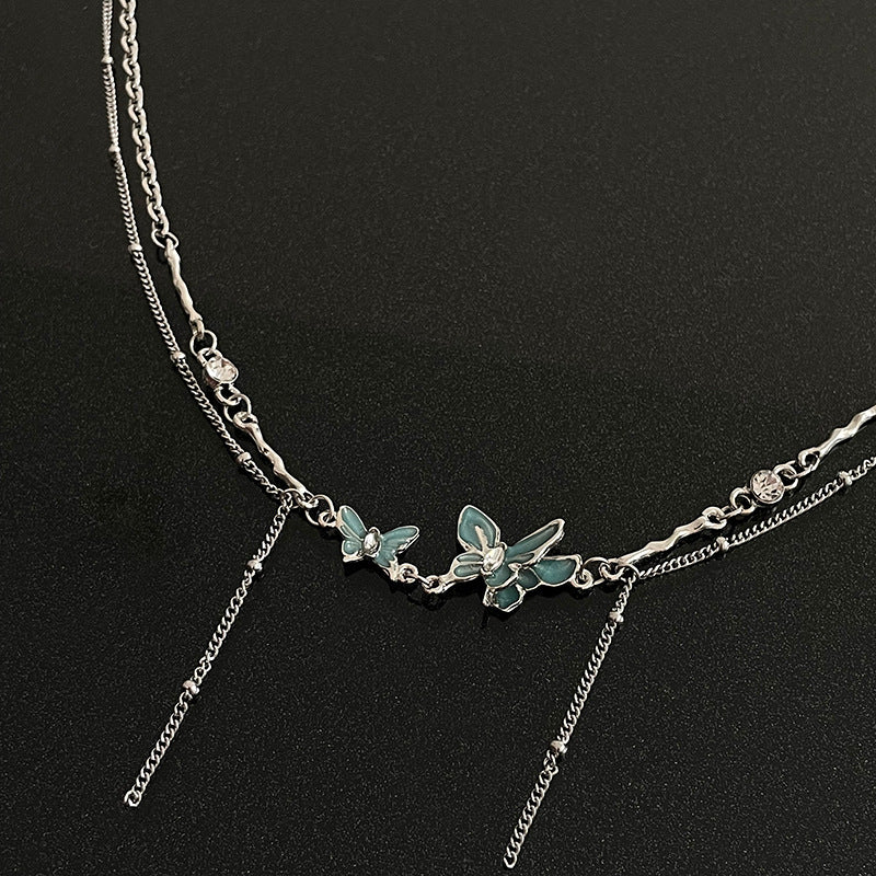 Lake Blue Butterfly Tassel Necklace