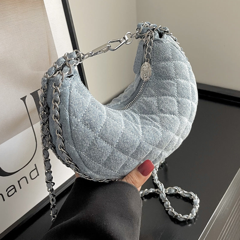 Denim Bag Female Diamond Embroidery Thread Chain Messenger Bag