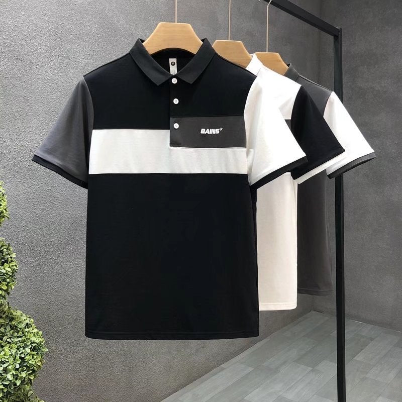 Trend Stitching Contrast Color Polo Shirt: Short Sleeves for Men